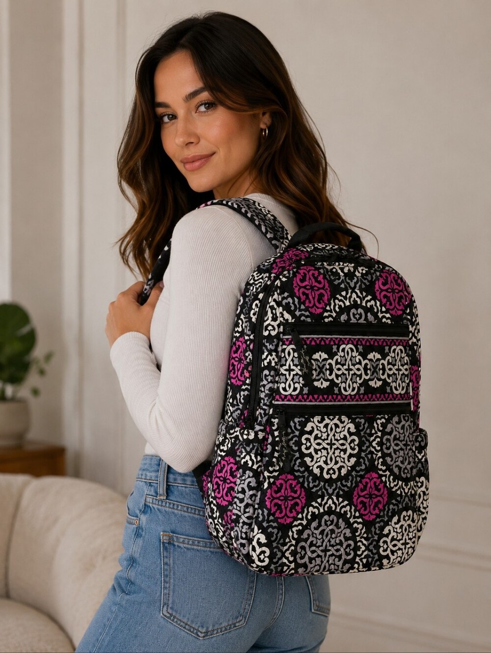 Vera Bradley Quilted Backpack in Black, White & Pink
